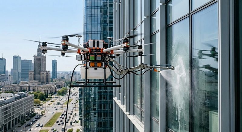 Mycie okien biurowca dronem