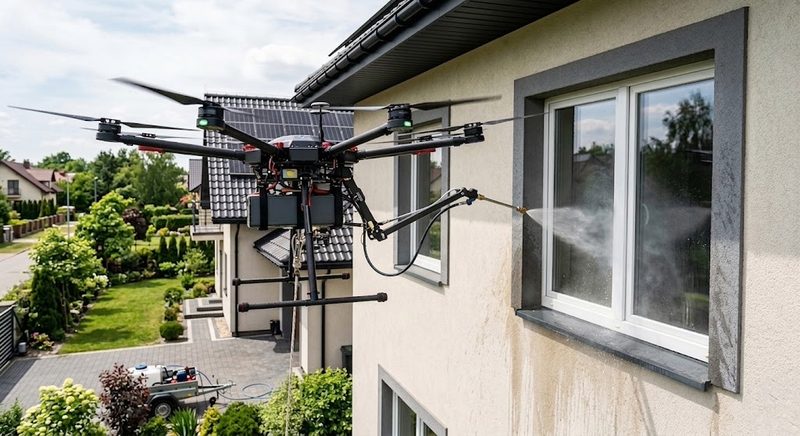 Mycie elewacji domu jednorodzinnego dronem
